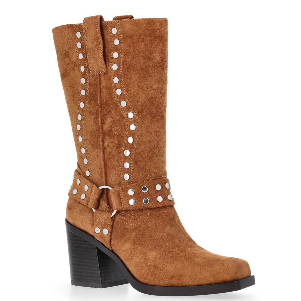 Steve Madden NYC Womens 11 Cognac Faux Suede Leather Moto Western Boots Comfort